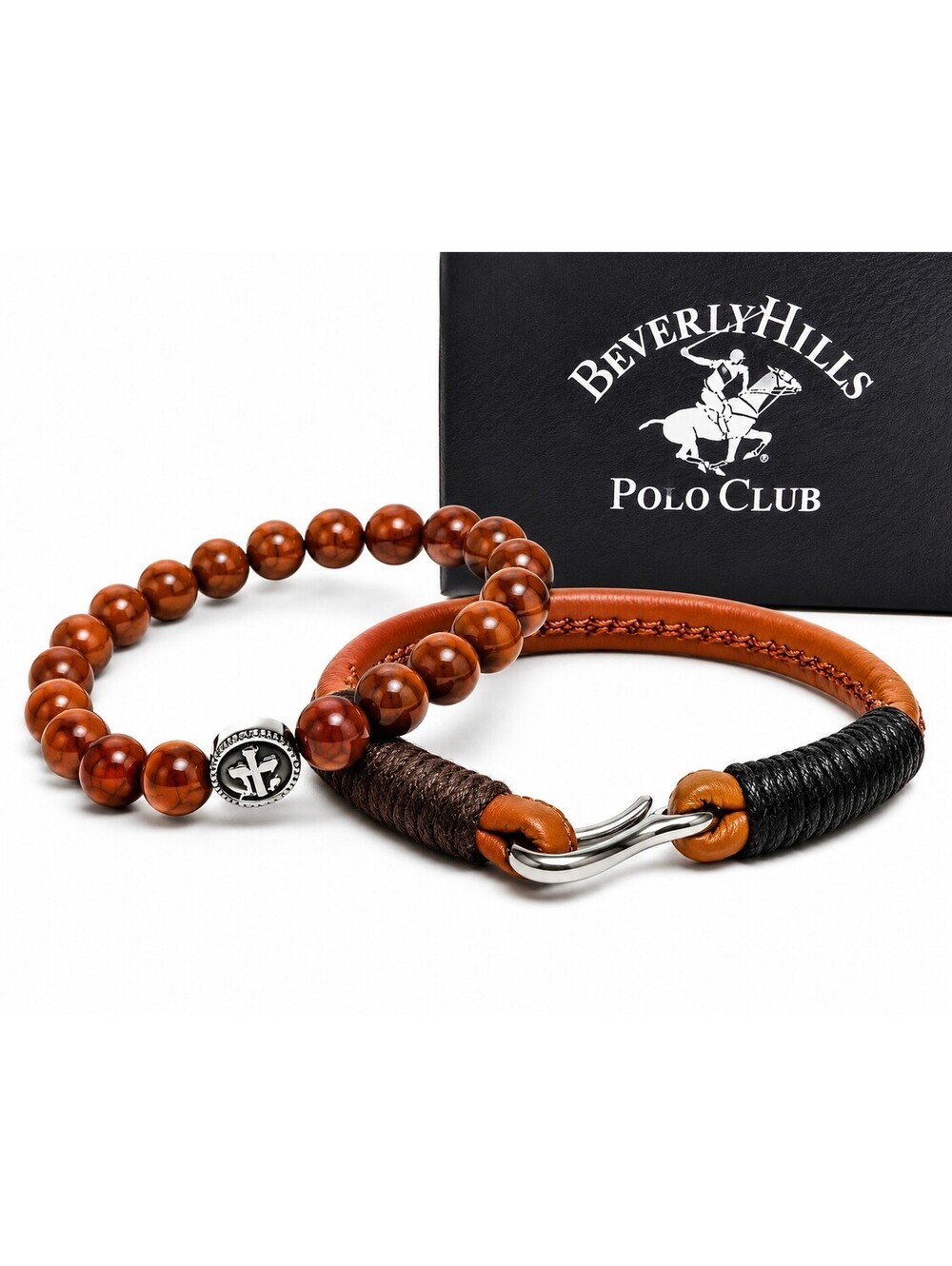 Beverly Hills Polo Club Men’s Bracelet Set Brown Beaded Leather Hook Clasp Gift